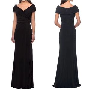 La Femme Ruched Jersey Column Gown Dress